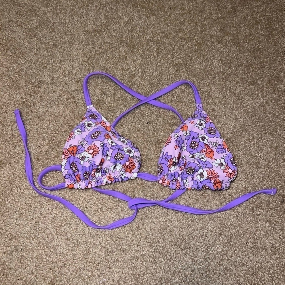 Purple‎ Retro Floral Reversible Triangle Bikini Top Cross Back Tie Swimwear XS